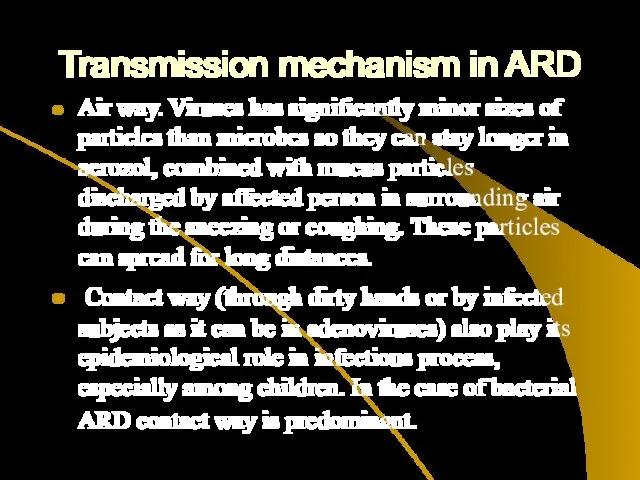 Transmission mechanism in ARD Air way. Viruses has significantly minor