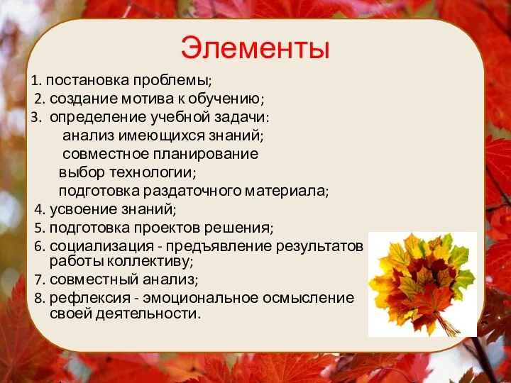 Элементы 1. постановка проблемы; 2. создание мотива к обучению; 3.