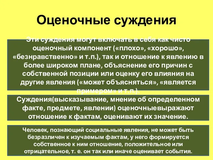 Оценочные суждения Человек, познающий социальные явления, не может быть безразличен