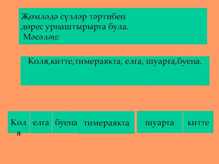 Җөмләдә сүзләр тәртибен дөрес урнаштырырга була. Мәсәлән: Коля,китте,тимераякта, елга, шуарга,буена. Коля елга буена тимераякта шуарга китте