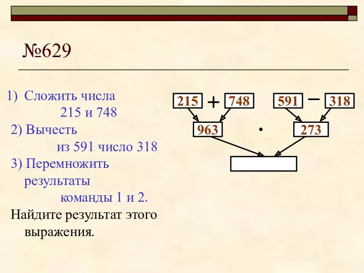 №629 215 748 963 273 Сложить числа 215 и 748 2) Вычесть из