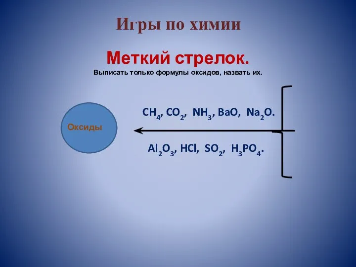 Меткий стрелок. Выписать только формулы оксидов, назвать их. Оксиды CH4, CO2, NH3, BaO,