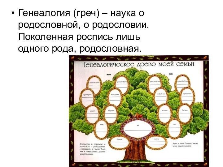 Генеалогия (греч) – наука о родословной, о родословии. Поколенная роспись лишь одного рода, родословная.