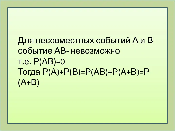 Для несовместных событий А и В событие АВ- невозможно т.е. Р(АВ)=0 Тогда Р(А)+Р(В)=Р(АВ)+Р(А+В)=Р(А+В)