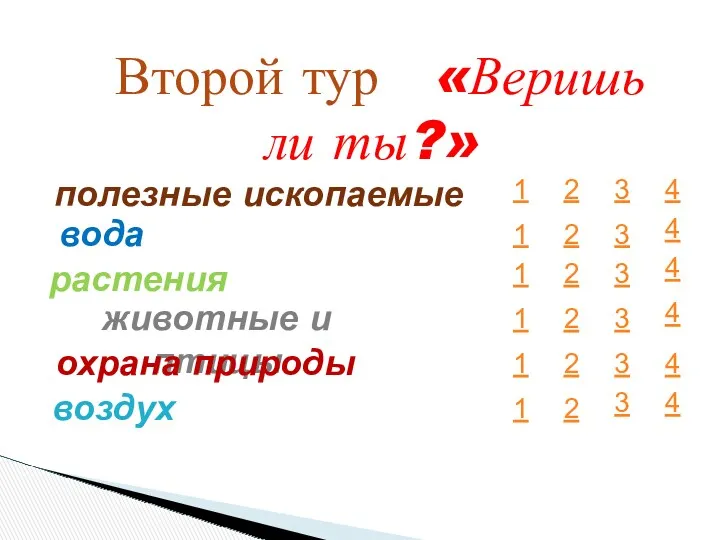 Второй тур «Веришь ли ты?» вода полезные ископаемые растения животные