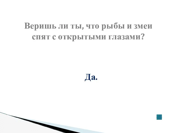 Веришь ли ты, что рыбы и змеи спят с открытыми глазами? Да.