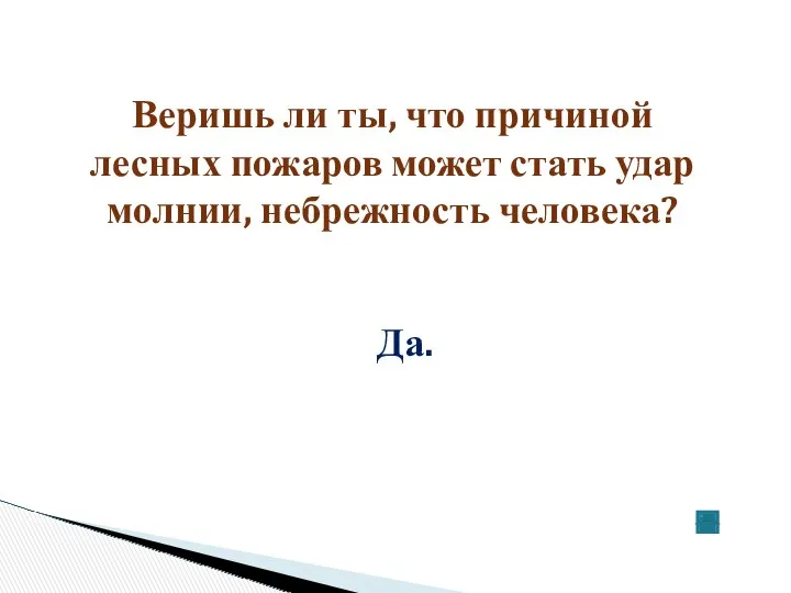 Веришь ли ты, что причиной лесных пожаров может стать удар молнии, небрежность человека? Да.