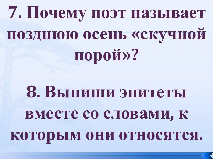 7. Почему поэт называет позднюю осень «скучной порой»? 8. Выпиши