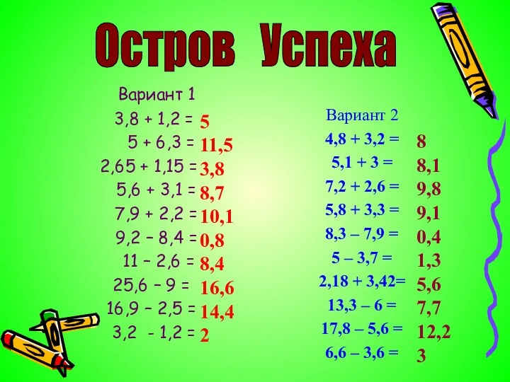 Вариант 1 3,8 + 1,2 = 5 + 6,3 =