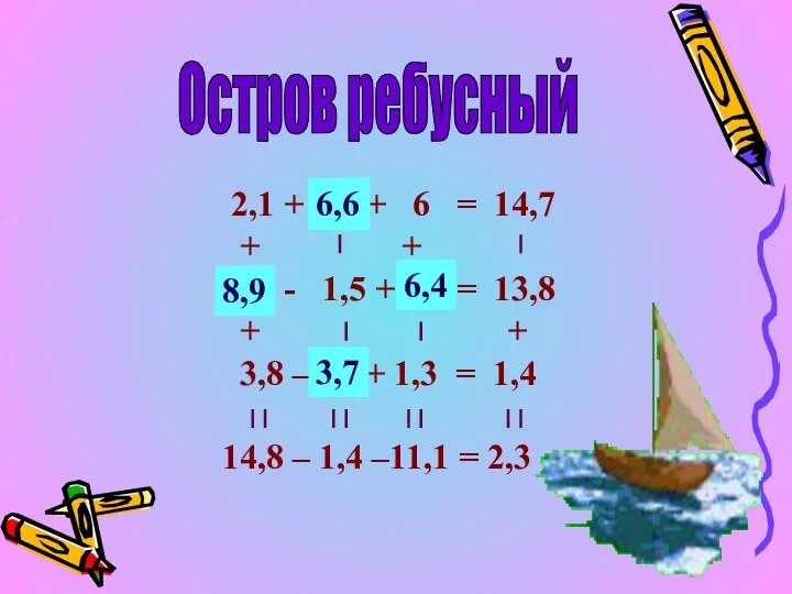 Остров ребусный 2,1 + х + 6 = 14,7 +