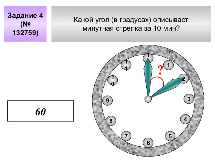 Какой угол (в градусах) описывает минутная стрелка за 10 мин?
