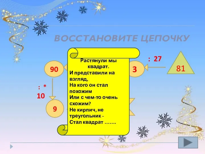 Устный счет ВОССТАНОВИТЕ ЦЕПОЧКУ 81 : 27 3 45 ●