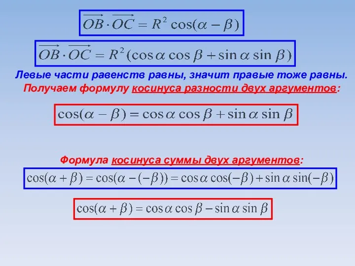 Левые части равенств равны, значит правые тоже равны. Получаем формулу косинуса разности двух