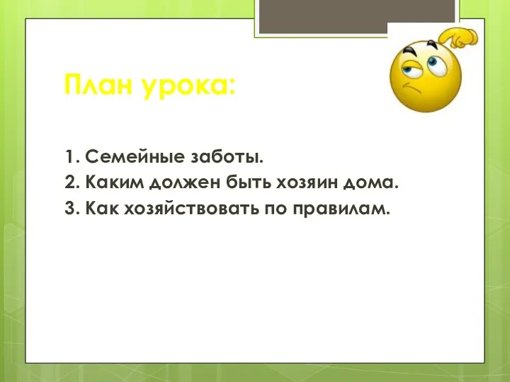 План урока: 1. Семейные заботы. 2. Каким должен быть хозяин дома. 3. Как хозяйствовать по правилам.