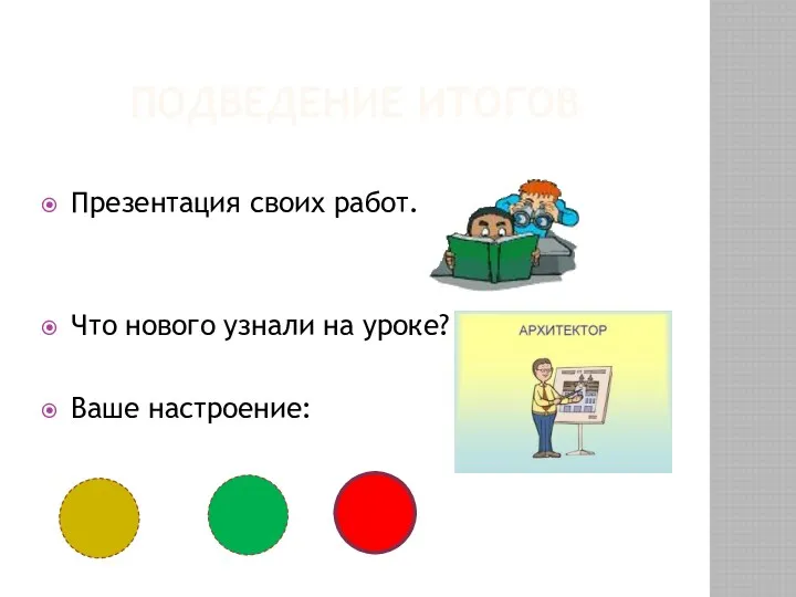 Подведение итогов Презентация своих работ. Что нового узнали на уроке? Ваше настроение: