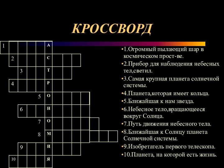 КРОССВОРД 1.Огромный пылающий шар в космическом прост-ве. 2.Прибор для наблюдения