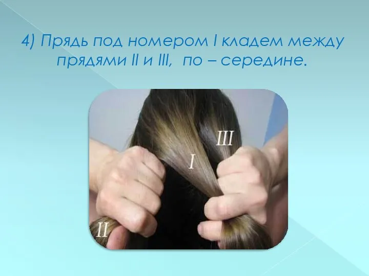 4) Прядь под номером I кладем между прядями II и III, по – середине.