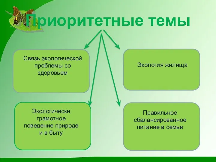 Приоритетные темы Связь экологической проблемы со здоровьем Экология жилища Экологически