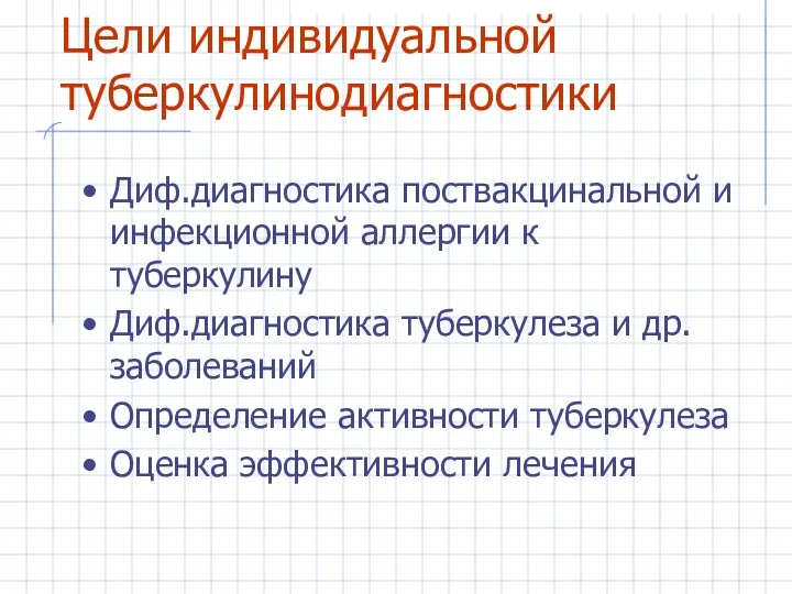 Цели индивидуальной туберкулинодиагностики Диф.диагностика поствакцинальной и инфекционной аллергии к туберкулину