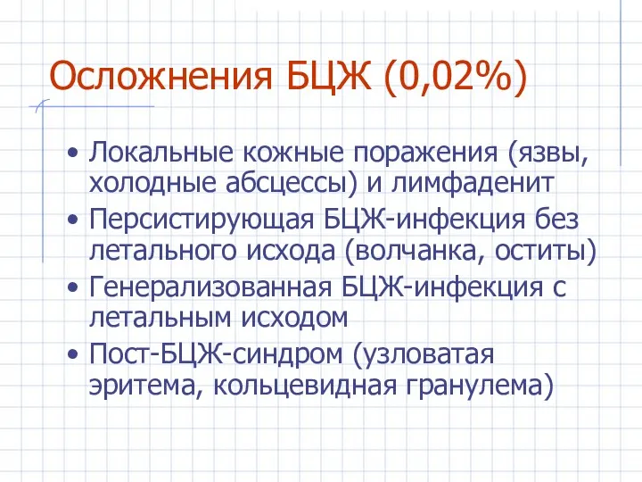 Осложнения БЦЖ (0,02%) Локальные кожные поражения (язвы, холодные абсцессы) и