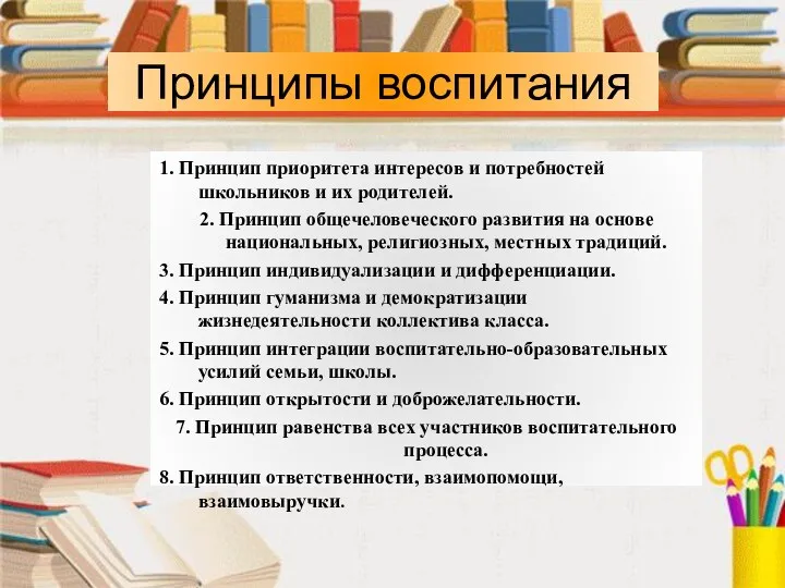 Принципы воспитания 1. Принцип приоритета интересов и потребностей школьников и