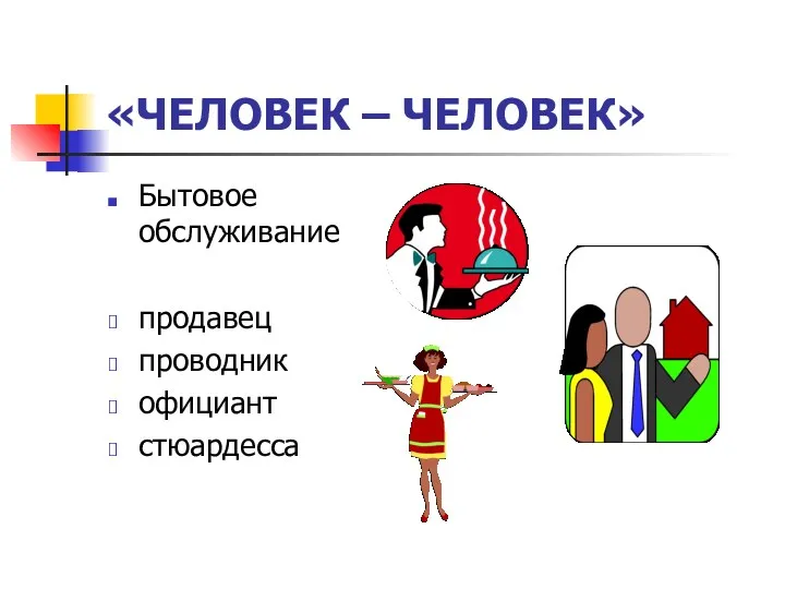 «ЧЕЛОВЕК – ЧЕЛОВЕК» Бытовое обслуживание продавец проводник официант стюардесса