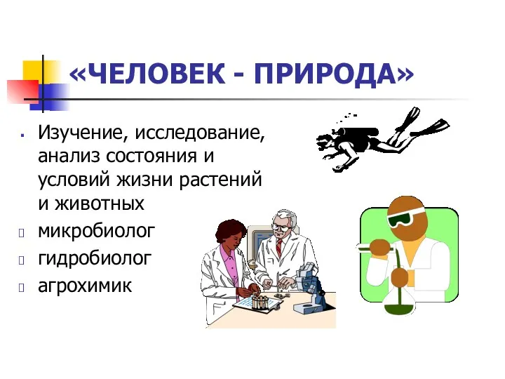 Изучение, исследование, анализ состояния и условий жизни растений и животных микробиолог гидробиолог агрохимик «ЧЕЛОВЕК - ПРИРОДА»