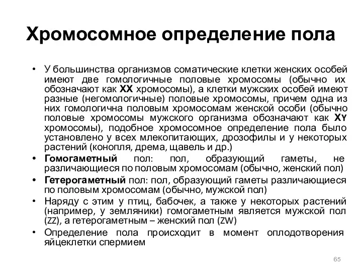 Хромосомное определение пола У большинства организмов соматические клетки женских особей