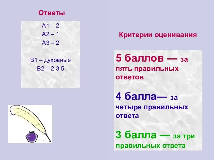 Ответы А1 – 2 А2 – 1 А3 – 2 В1 – духовные