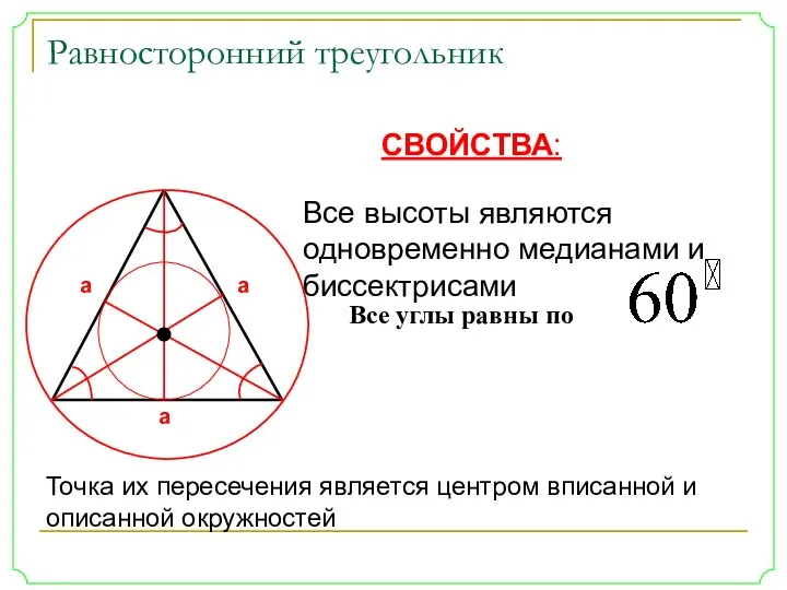 Равносторонний треугольник а а а СВОЙСТВА: Все углы равны по Все высоты являются