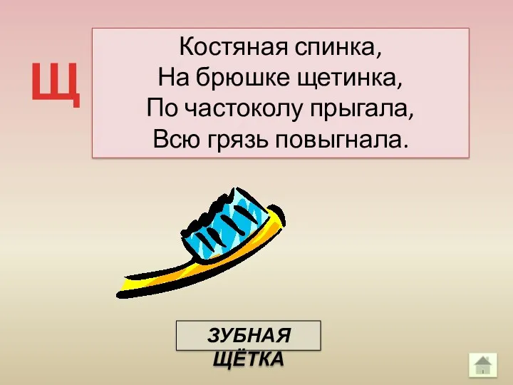 Костяная спинка, На брюшке щетинка, По частоколу прыгала, Всю грязь повыгнала. Щ ЗУБНАЯ ЩЁТКА