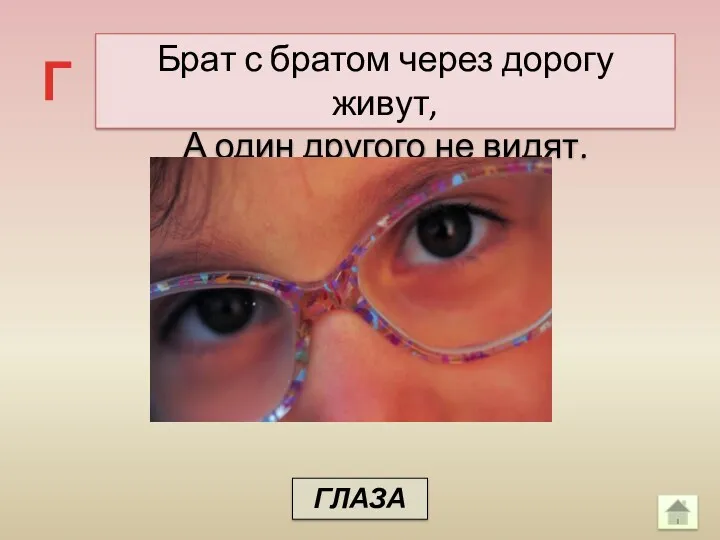 Брат с братом через дорогу живут, А один другого не видят. Г ГЛАЗА