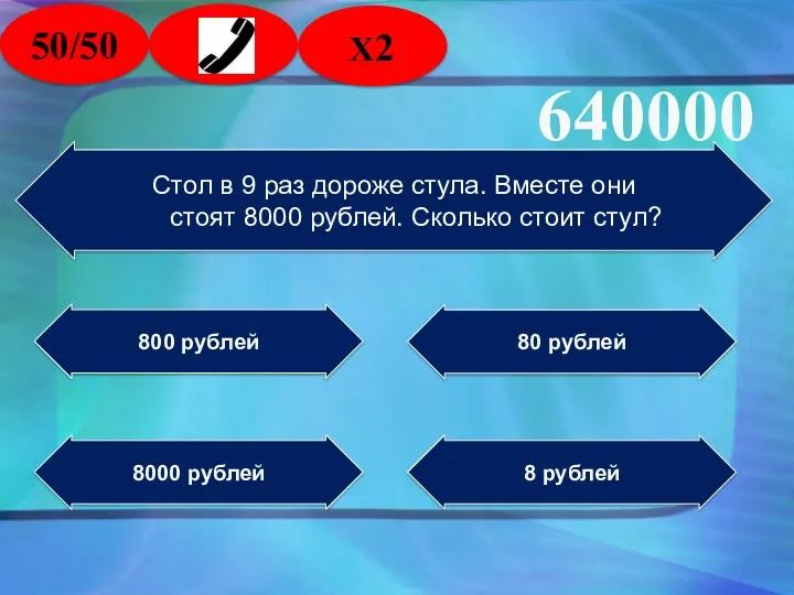 Стол в 9 раз дороже стула. Вместе они стоят 8000