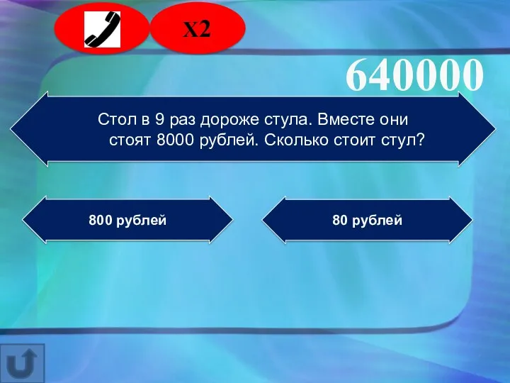 Стол в 9 раз дороже стула. Вместе они стоят 8000