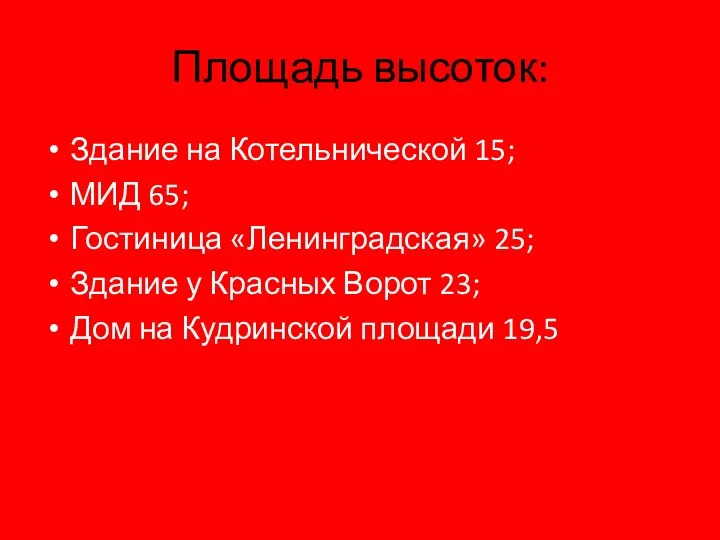 Площадь высоток: Здание на Котельнической 15; МИД 65; Гостиница «Ленинградская»