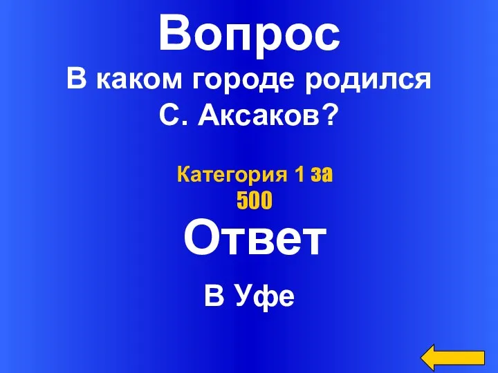 Вопрос Ответ Категория 1 за 500 В каком городе родился С. Аксаков? В Уфе