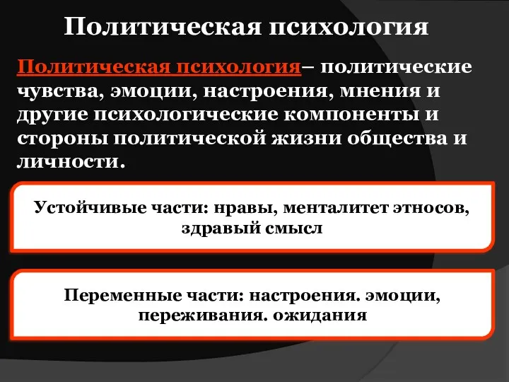 Политическая психология Политическая психология– политические чувства, эмоции, настроения, мнения и