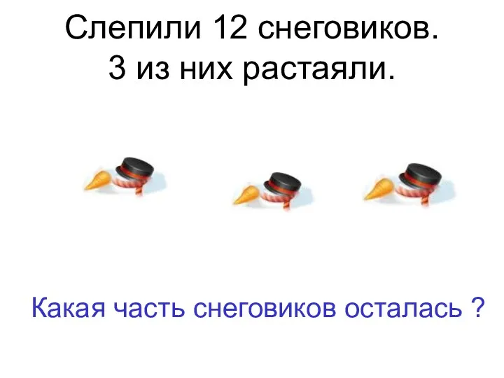 Слепили 12 снеговиков. 3 из них растаяли. Какая часть снеговиков осталась ?