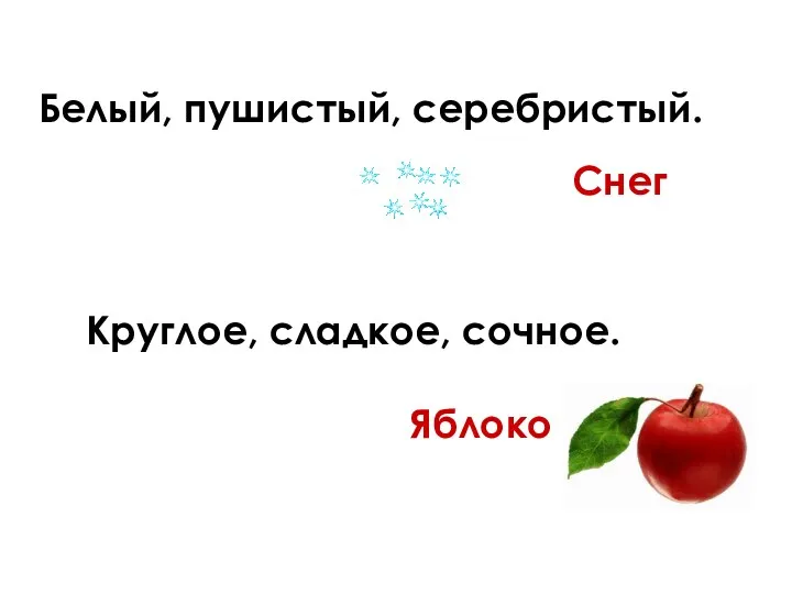 Белый, пушистый, серебристый. Круглое, сладкое, сочное. Яблоко Снег