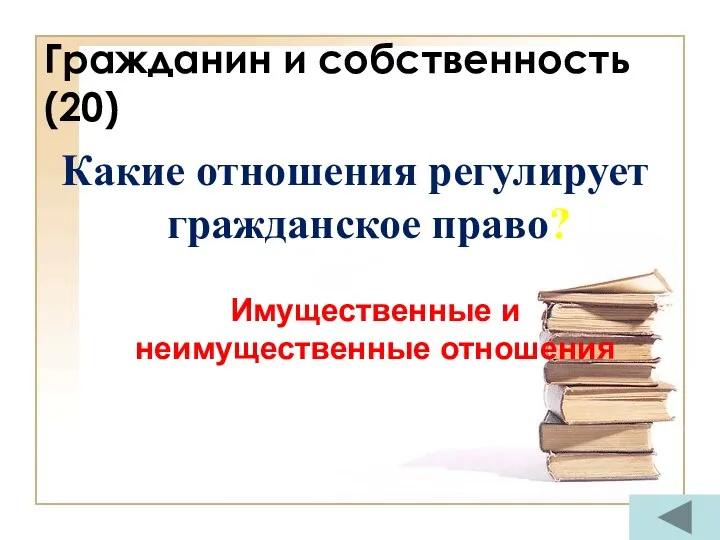 Гражданин и собственность (20) Какие отношения регулирует гражданское право? Имущественные и неимущественные отношения