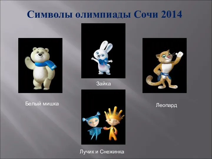 Символы олимпиады Сочи 2014 Зайка Белый мишка Леопард Лучик и Снежинка