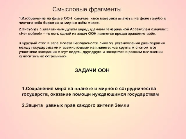 Смысловые фрагменты 1.Изображение на флаге ООН означает «все материки планеты