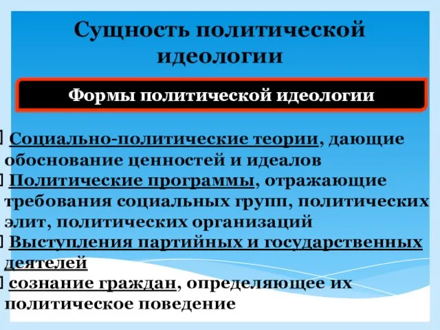 Сущность политической идеологии Формы политической идеологии Социально-политические теории, дающие обоснование