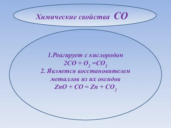 1.Реагирует с кислородом 2CO + O2 =CO2 2. Является восстановителем металлов из их