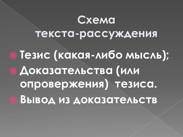 Схема текста-рассуждения Тезис (какая-либо мысль); Доказательства (или опровержения) тезиса. Вывод из доказательств