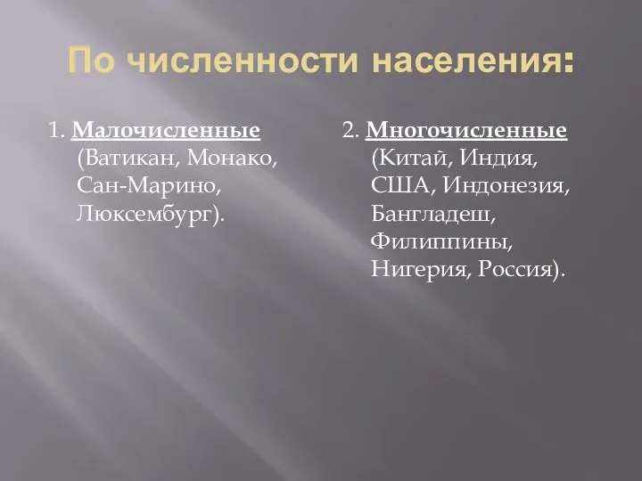 По численности населения: 1. Малочисленные (Ватикан, Монако, Сан-Марино, Люксембург). 2. Многочисленные (Китай, Индия,