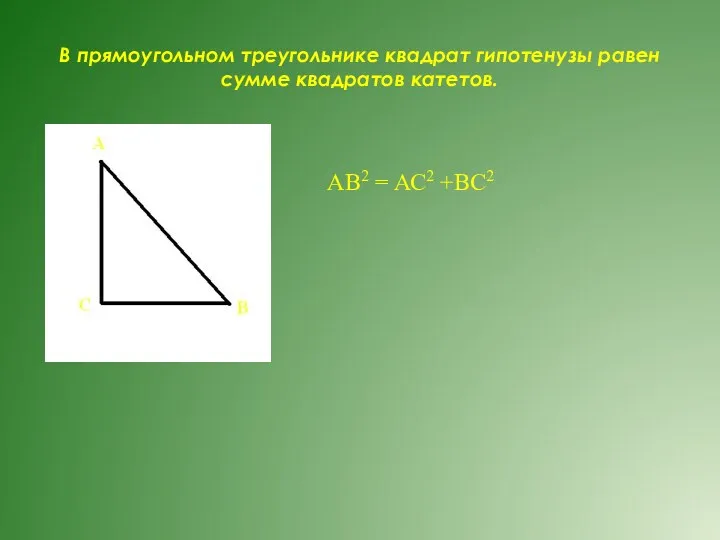 В прямоугольном треугольнике квадрат гипотенузы равен сумме квадратов катетов. АВ2 = АС2 +ВС2