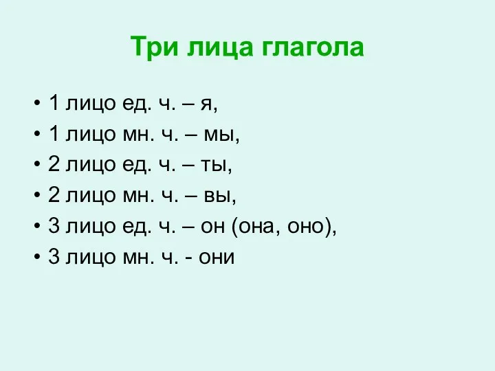 Три лица глагола 1 лицо ед. ч. – я, 1