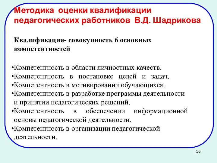 Методика оценки квалификации педагогических работников В.Д. Шадрикова Квалификация- совокупность 6