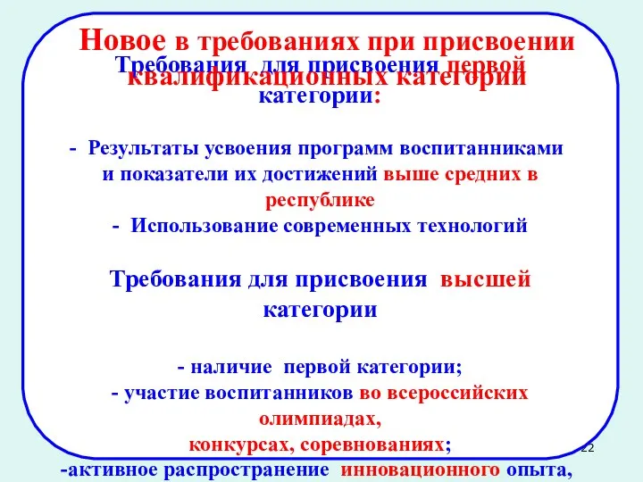 Требования для присвоения первой категории: Результаты усвоения программ воспитанниками и